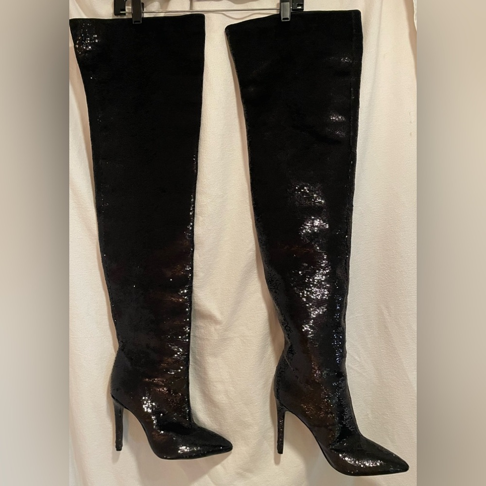 Kendall & Kylie Black Sequined Thigh High Stiletto Boots